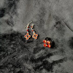 Vintage earring and ring with red crystal - set